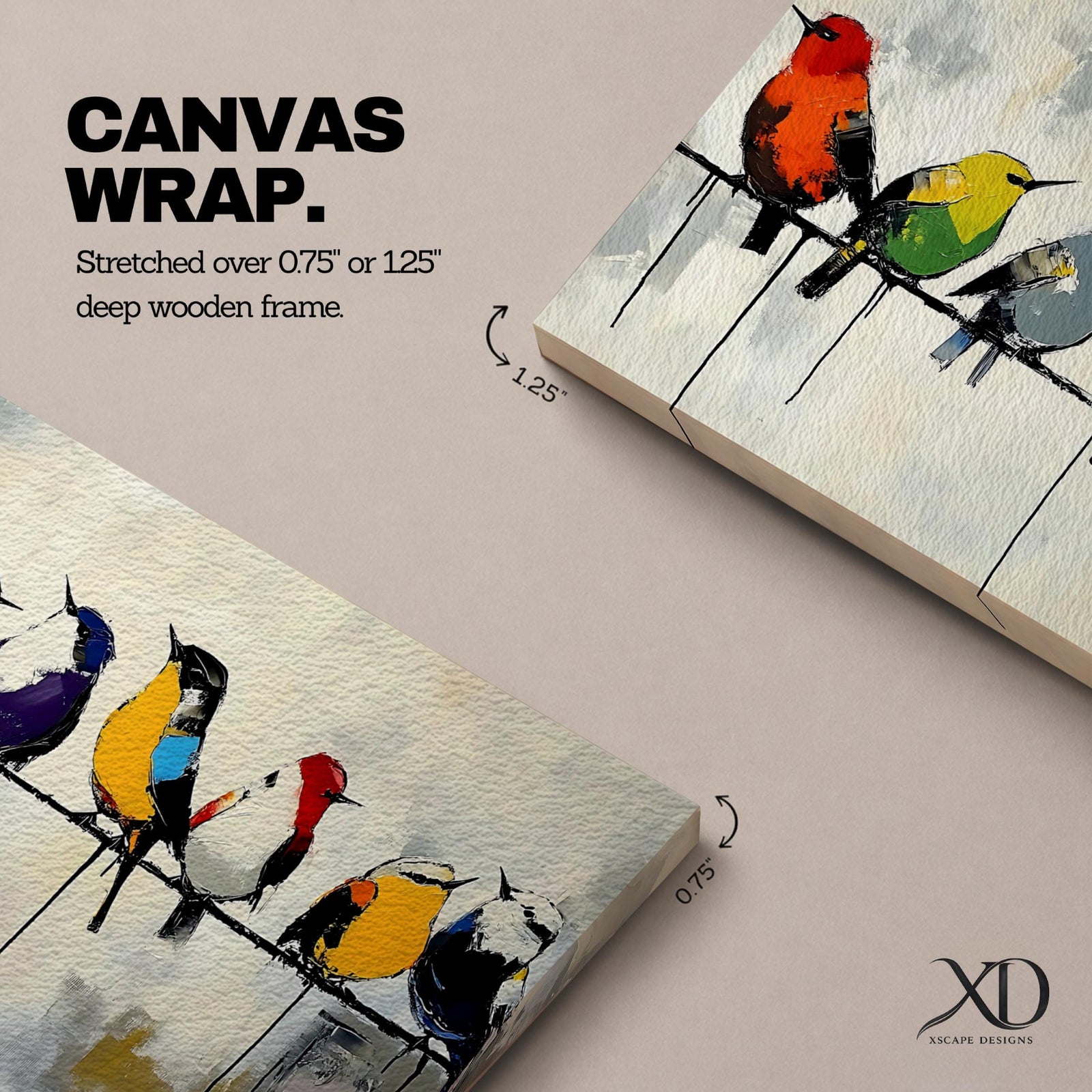 Panoramic painting of colorful songbirds sitting on a wire perch. Each bird displays vibrant plumage in red, yellow, blue, green, and orange while expressive brushstrokes and paint drips create a modern artistic wildlife composition.