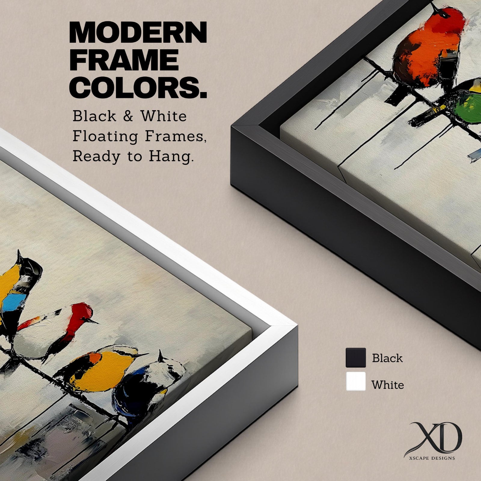 Panoramic painting of colorful songbirds sitting on a wire perch. Each bird displays vibrant plumage in red, yellow, blue, green, and orange while expressive brushstrokes and paint drips create a modern artistic wildlife composition.