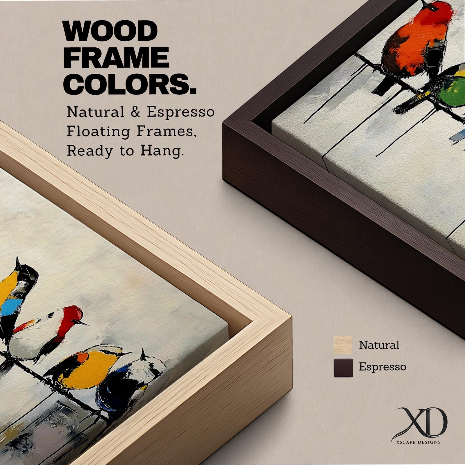 Panoramic painting of colorful songbirds sitting on a wire perch. Each bird displays vibrant plumage in red, yellow, blue, green, and orange while expressive brushstrokes and paint drips create a modern artistic wildlife composition.