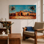 Panoramic painting of a Moroccan kasbah surrounded by palm trees in a desert oasis with the Atlas Mountains rising in the distance. The warm earthen architecture contrasts with a bright blue sky and textured brushstrokes capturing North African landscape scenery.