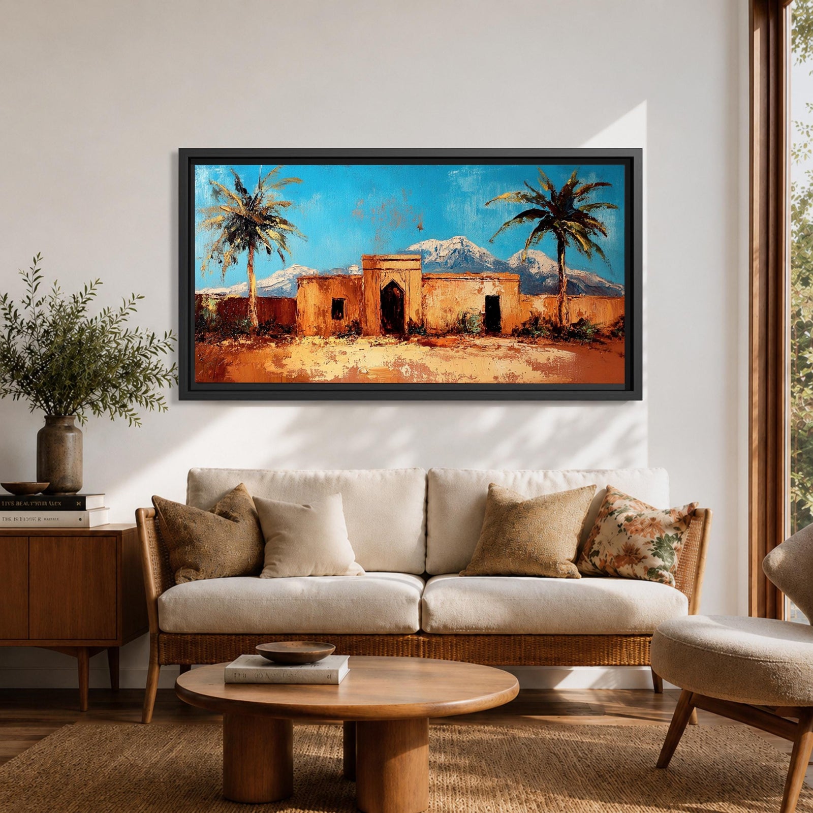 Panoramic painting of a Moroccan kasbah surrounded by palm trees in a desert oasis with the Atlas Mountains rising in the distance. The warm earthen architecture contrasts with a bright blue sky and textured brushstrokes capturing North African landscape scenery.