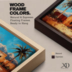 Panoramic painting of a Moroccan kasbah surrounded by palm trees in a desert oasis with the Atlas Mountains rising in the distance. The warm earthen architecture contrasts with a bright blue sky and textured brushstrokes capturing North African landscape scenery.