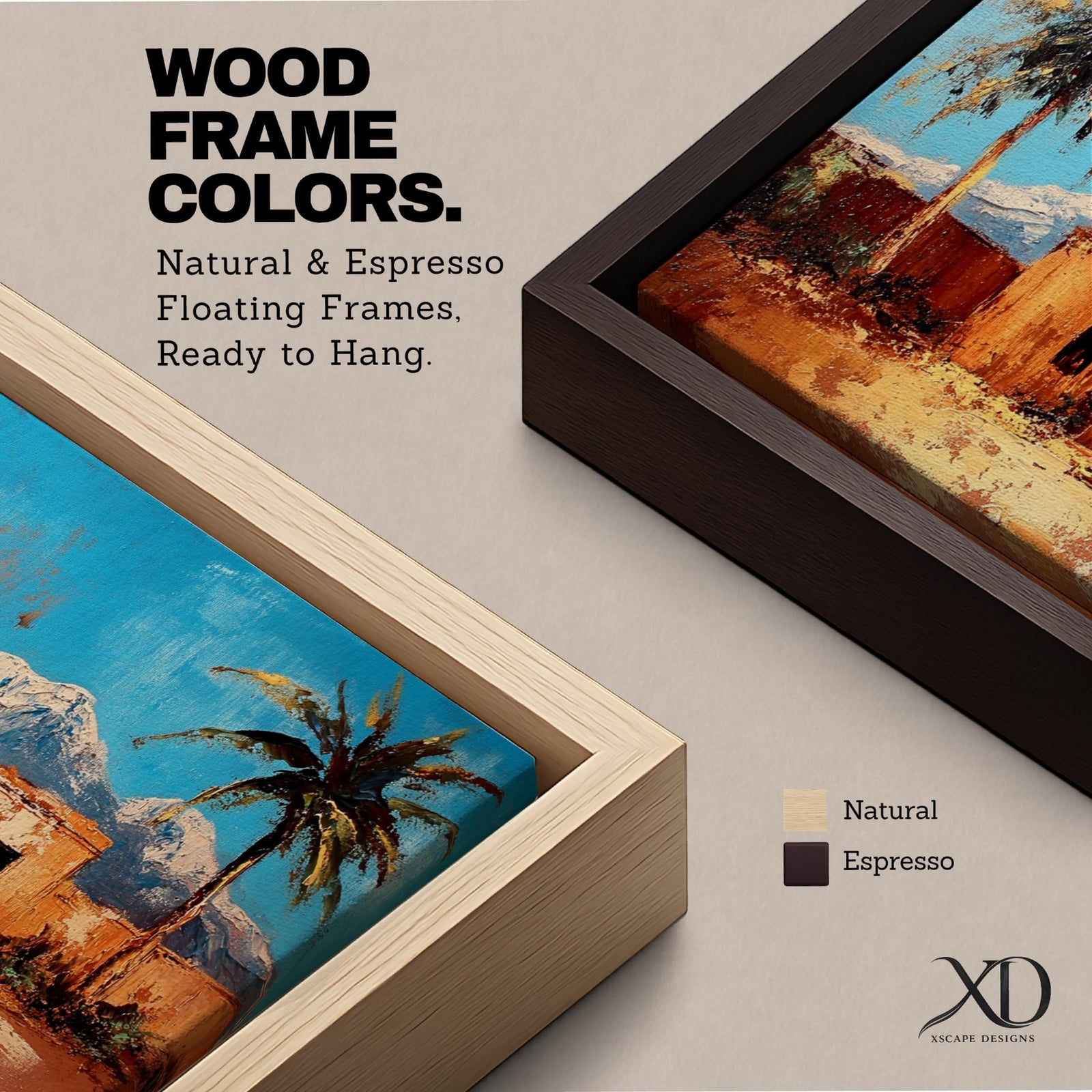 Panoramic painting of a Moroccan kasbah surrounded by palm trees in a desert oasis with the Atlas Mountains rising in the distance. The warm earthen architecture contrasts with a bright blue sky and textured brushstrokes capturing North African landscape scenery.