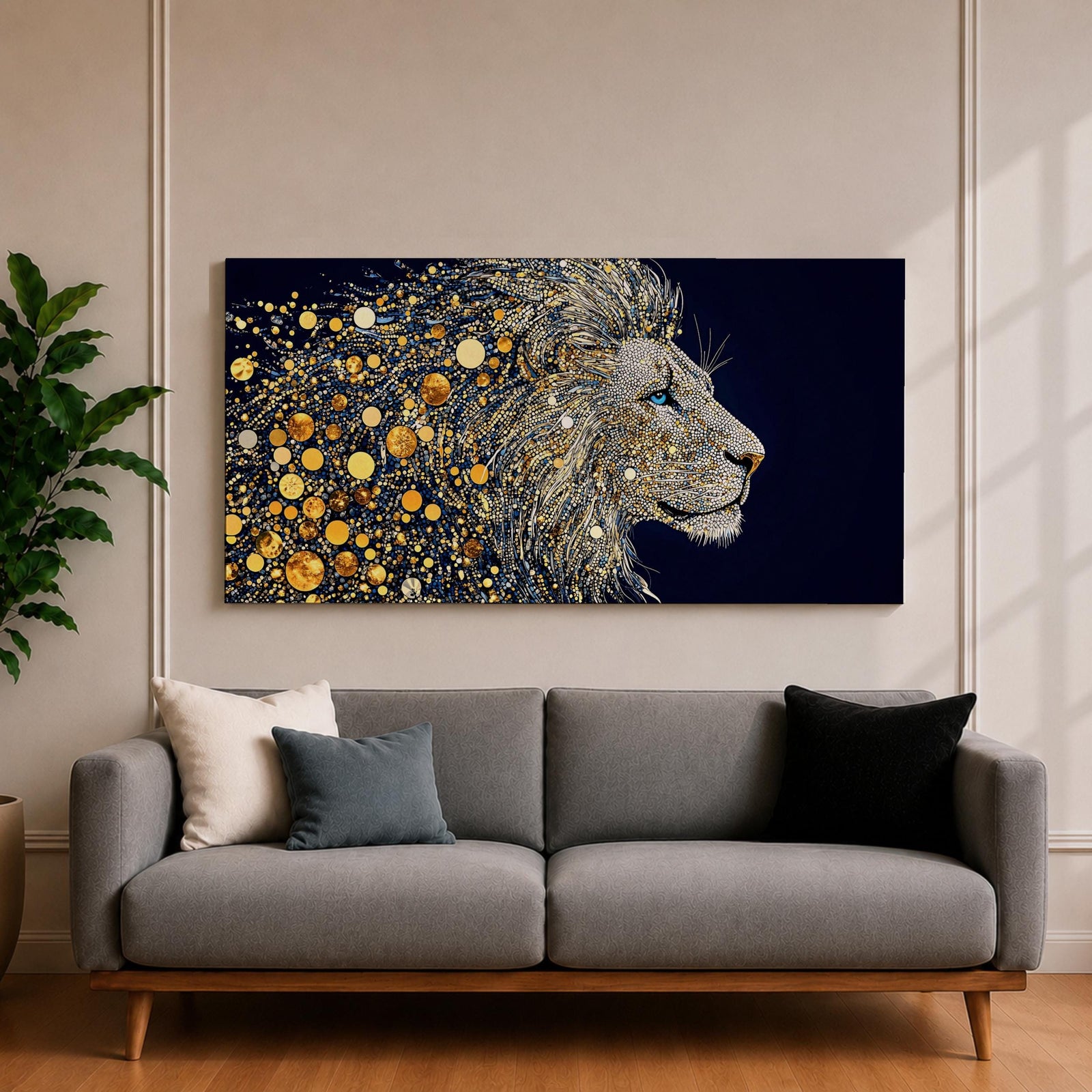 Panoramic artwork of a majestic lion profile formed with shimmering gold circular elements on a deep navy background, creating a striking abstract wildlife portrait.