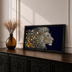 Panoramic artwork of a majestic lion profile formed with shimmering gold circular elements on a deep navy background, creating a striking abstract wildlife portrait.