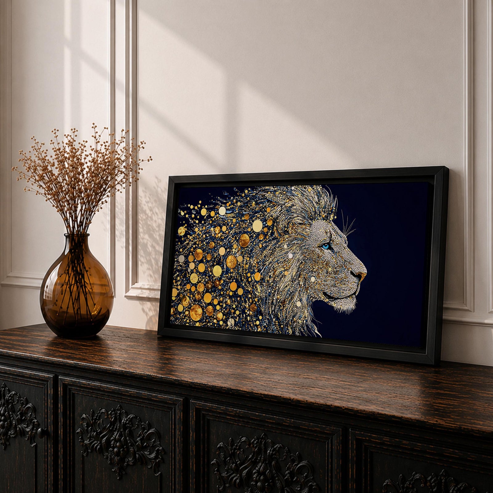 Panoramic artwork of a majestic lion profile formed with shimmering gold circular elements on a deep navy background, creating a striking abstract wildlife portrait.