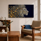 Panoramic artwork of a majestic lion profile formed with shimmering gold circular elements on a deep navy background, creating a striking abstract wildlife portrait.