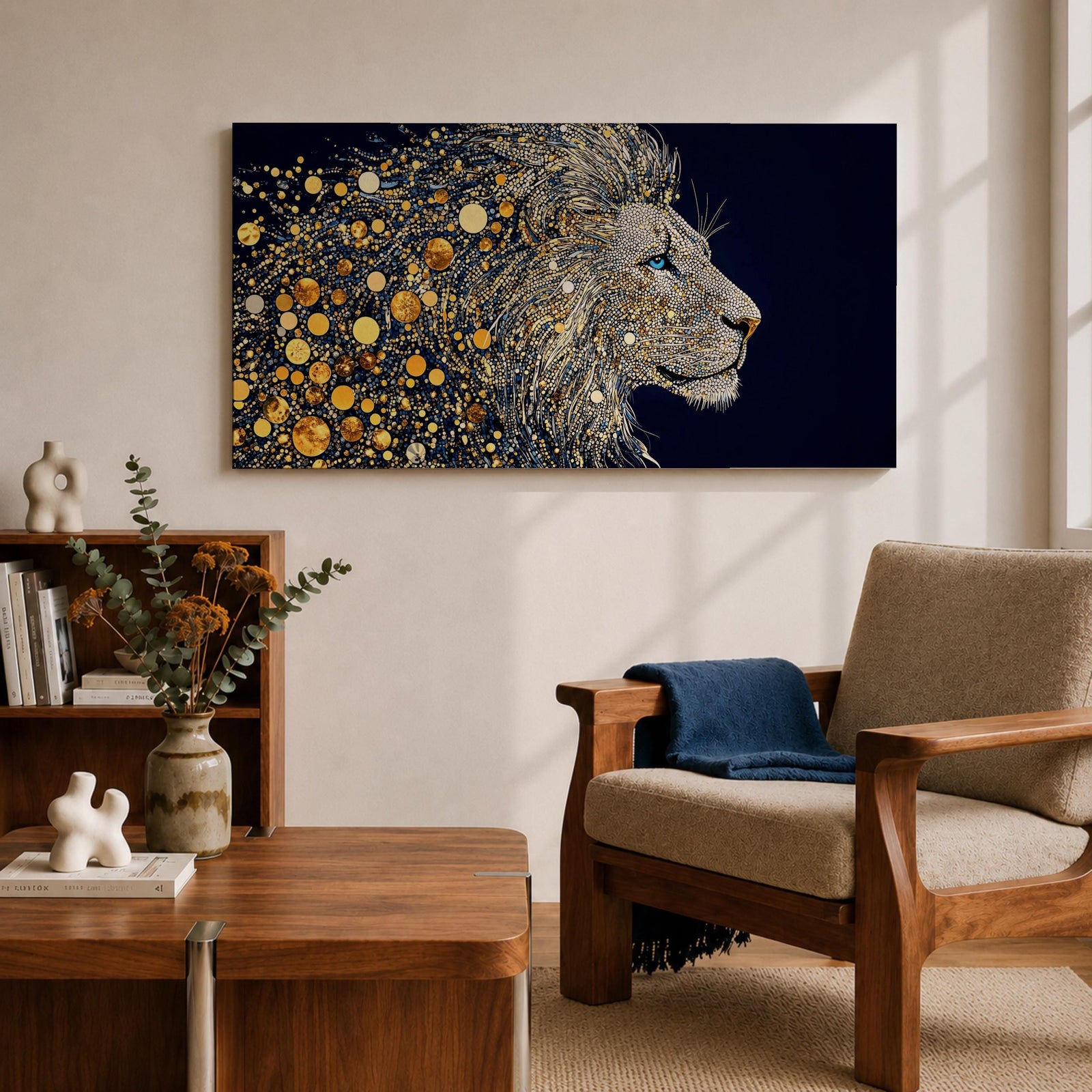 Panoramic artwork of a majestic lion profile formed with shimmering gold circular elements on a deep navy background, creating a striking abstract wildlife portrait.