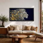 Panoramic artwork of a majestic lion profile formed with shimmering gold circular elements on a deep navy background, creating a striking abstract wildlife portrait.