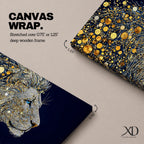 Panoramic artwork of a majestic lion profile formed with shimmering gold circular elements on a deep navy background, creating a striking abstract wildlife portrait.
