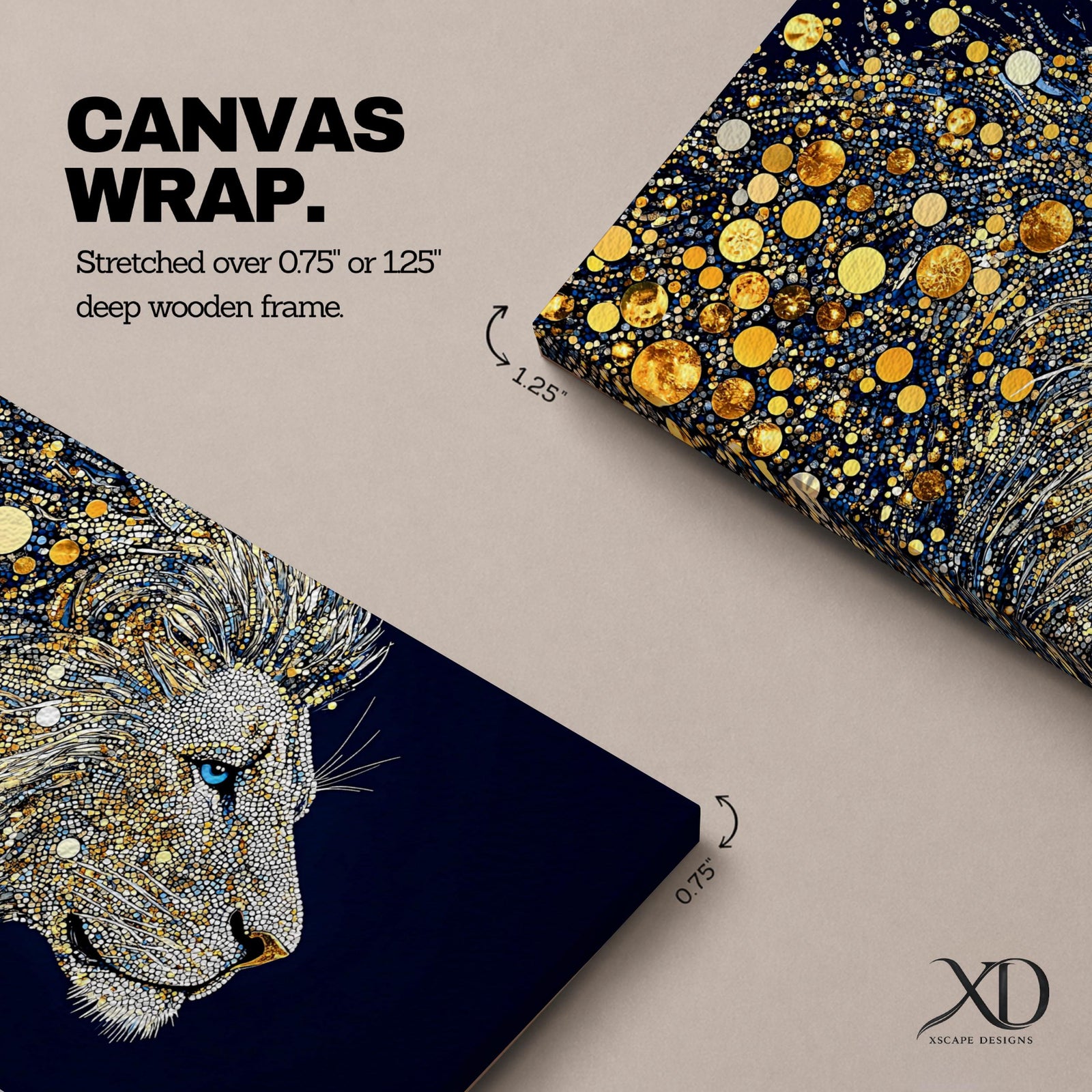 Panoramic artwork of a majestic lion profile formed with shimmering gold circular elements on a deep navy background, creating a striking abstract wildlife portrait.
