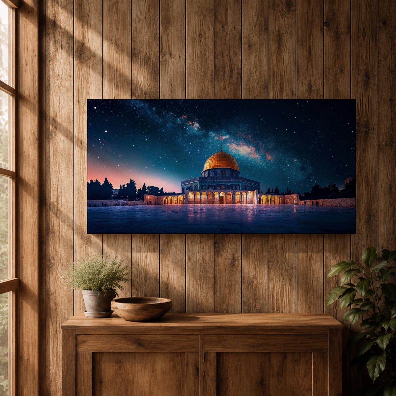 Panoramic night scene of the Dome of the Rock mosque in Jerusalem illuminated beneath a star filled sky and Milky Way galaxy. The golden dome reflects soft light across the courtyard while the historic Islamic architecture stands against the deep blue night horizon.