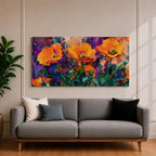 Panoramic painting of vibrant poppy flowers with bold orange petals rising from green stems against an expressive colorful abstract background filled with splashes of purple, blue, and gold tones.