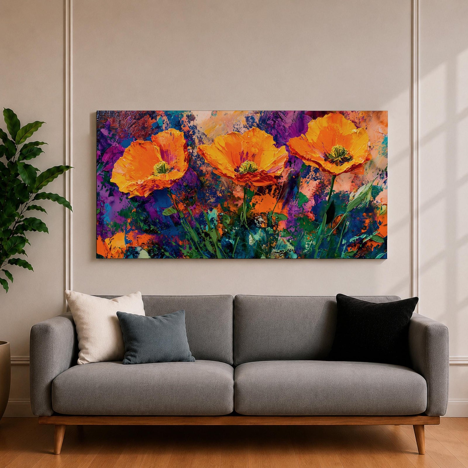 Panoramic painting of vibrant poppy flowers with bold orange petals rising from green stems against an expressive colorful abstract background filled with splashes of purple, blue, and gold tones.