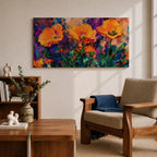 Panoramic painting of vibrant poppy flowers with bold orange petals rising from green stems against an expressive colorful abstract background filled with splashes of purple, blue, and gold tones.