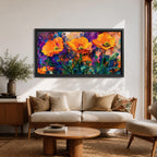 Panoramic painting of vibrant poppy flowers with bold orange petals rising from green stems against an expressive colorful abstract background filled with splashes of purple, blue, and gold tones.