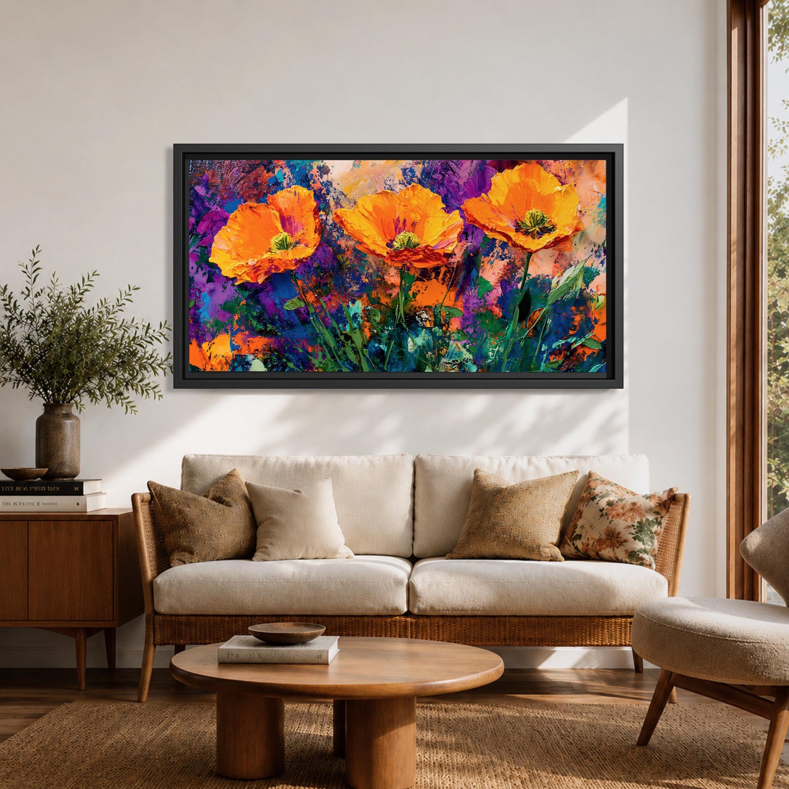 Panoramic painting of vibrant poppy flowers with bold orange petals rising from green stems against an expressive colorful abstract background filled with splashes of purple, blue, and gold tones.