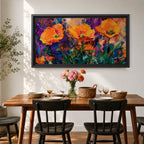 Panoramic painting of vibrant poppy flowers with bold orange petals rising from green stems against an expressive colorful abstract background filled with splashes of purple, blue, and gold tones.