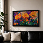 Panoramic painting of vibrant poppy flowers with bold orange petals rising from green stems against an expressive colorful abstract background filled with splashes of purple, blue, and gold tones.