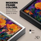 Panoramic painting of vibrant poppy flowers with bold orange petals rising from green stems against an expressive colorful abstract background filled with splashes of purple, blue, and gold tones.