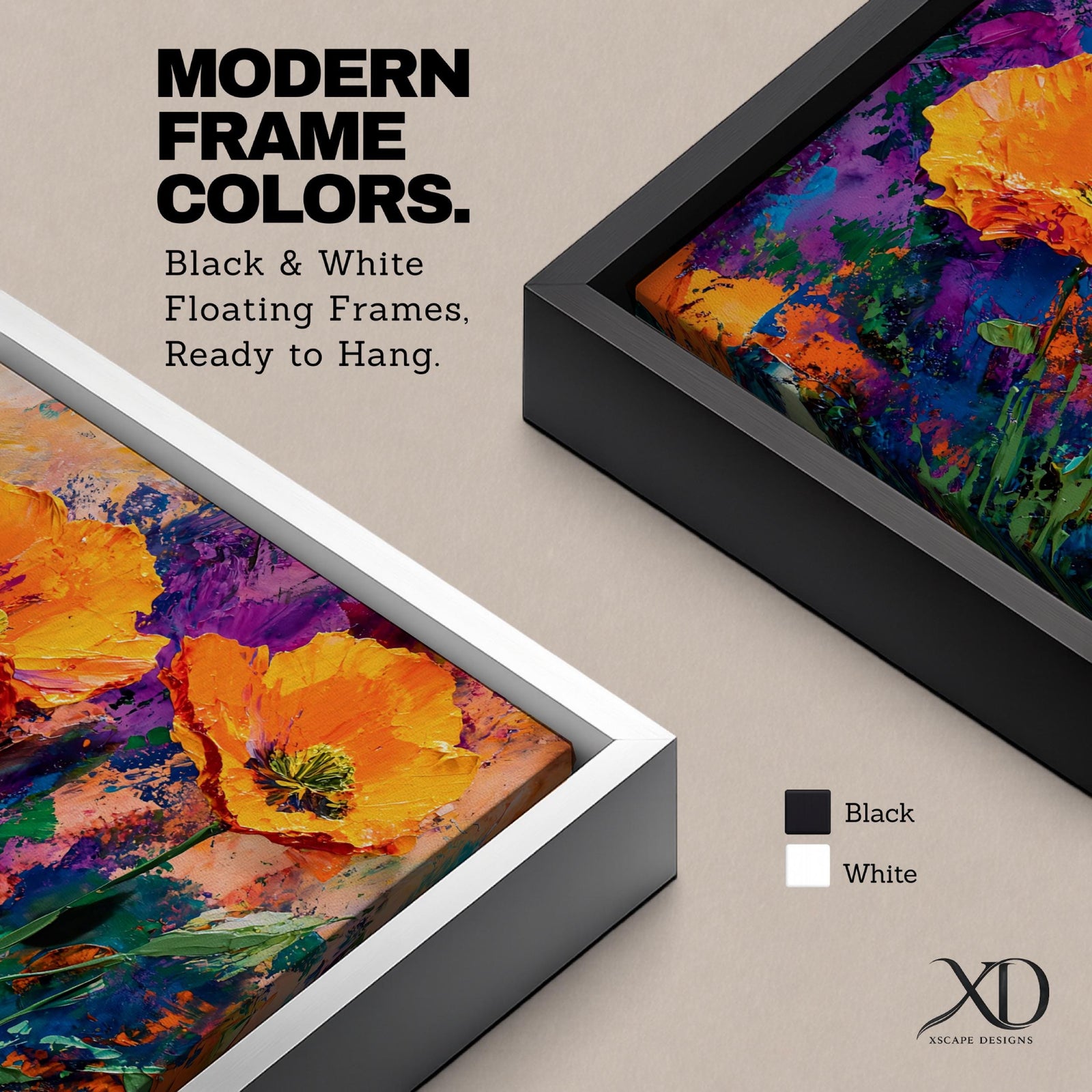 Panoramic painting of vibrant poppy flowers with bold orange petals rising from green stems against an expressive colorful abstract background filled with splashes of purple, blue, and gold tones.