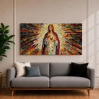 Panoramic mosaic artwork of the Virgin Mary holding the Sacred Heart with radiant stained glass rays spreading outward. The colorful tile composition forms a glowing religious icon surrounded by warm golden light and vibrant red, blue, and amber glass patterns.