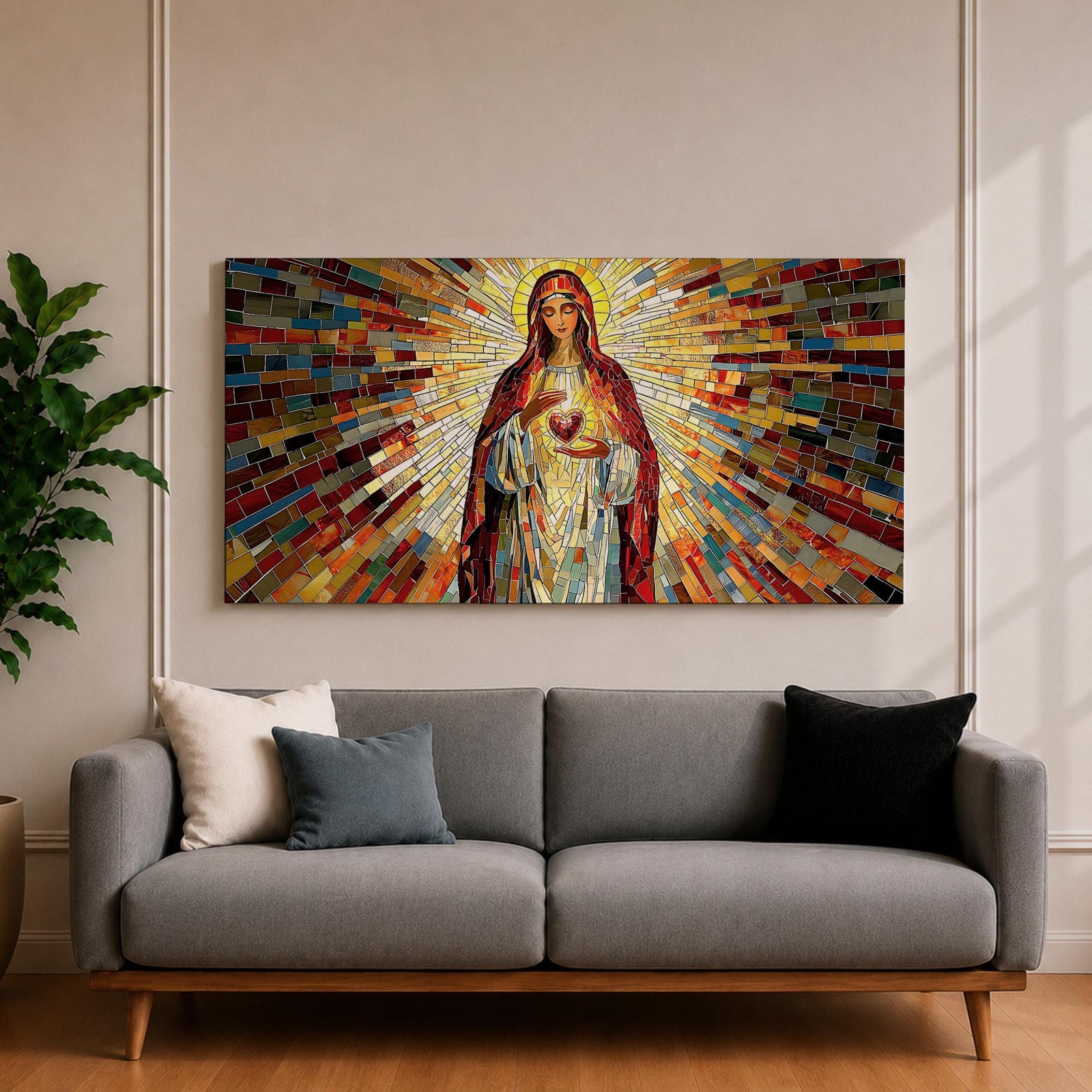 Panoramic mosaic artwork of the Virgin Mary holding the Sacred Heart with radiant stained glass rays spreading outward. The colorful tile composition forms a glowing religious icon surrounded by warm golden light and vibrant red, blue, and amber glass patterns.