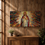 Panoramic mosaic artwork of the Virgin Mary holding the Sacred Heart with radiant stained glass rays spreading outward. The colorful tile composition forms a glowing religious icon surrounded by warm golden light and vibrant red, blue, and amber glass patterns.