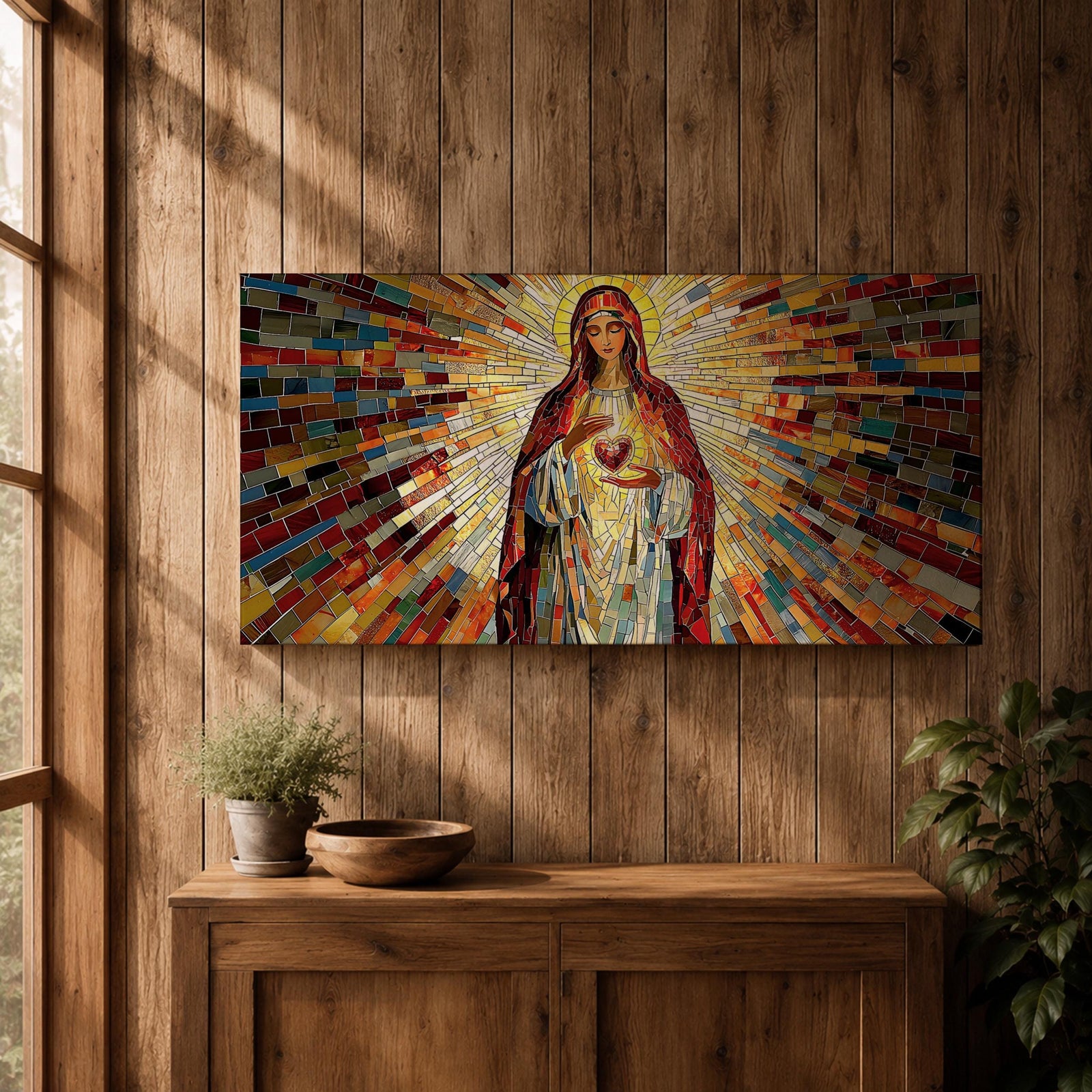 Panoramic mosaic artwork of the Virgin Mary holding the Sacred Heart with radiant stained glass rays spreading outward. The colorful tile composition forms a glowing religious icon surrounded by warm golden light and vibrant red, blue, and amber glass patterns.