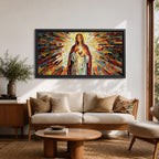 Panoramic mosaic artwork of the Virgin Mary holding the Sacred Heart with radiant stained glass rays spreading outward. The colorful tile composition forms a glowing religious icon surrounded by warm golden light and vibrant red, blue, and amber glass patterns.