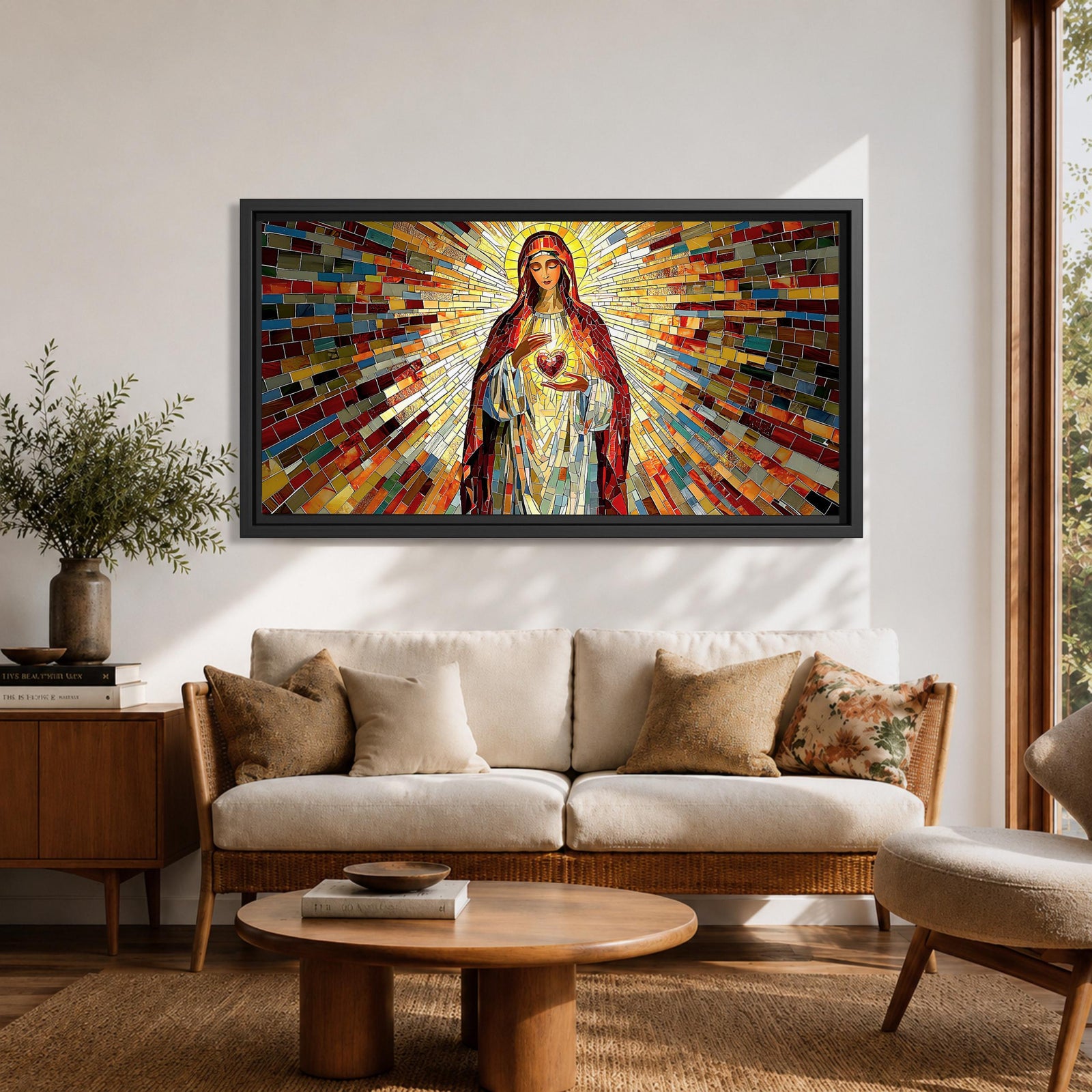Panoramic mosaic artwork of the Virgin Mary holding the Sacred Heart with radiant stained glass rays spreading outward. The colorful tile composition forms a glowing religious icon surrounded by warm golden light and vibrant red, blue, and amber glass patterns.