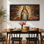 Panoramic mosaic artwork of the Virgin Mary holding the Sacred Heart with radiant stained glass rays spreading outward. The colorful tile composition forms a glowing religious icon surrounded by warm golden light and vibrant red, blue, and amber glass patterns.