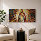 Panoramic mosaic artwork of the Virgin Mary holding the Sacred Heart with radiant stained glass rays spreading outward. The colorful tile composition forms a glowing religious icon surrounded by warm golden light and vibrant red, blue, and amber glass patterns.