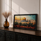 Panoramic mosaic style painting of Masjid Al Aqsa in Jerusalem with the golden dome rising above the historic skyline and olive trees in the foreground