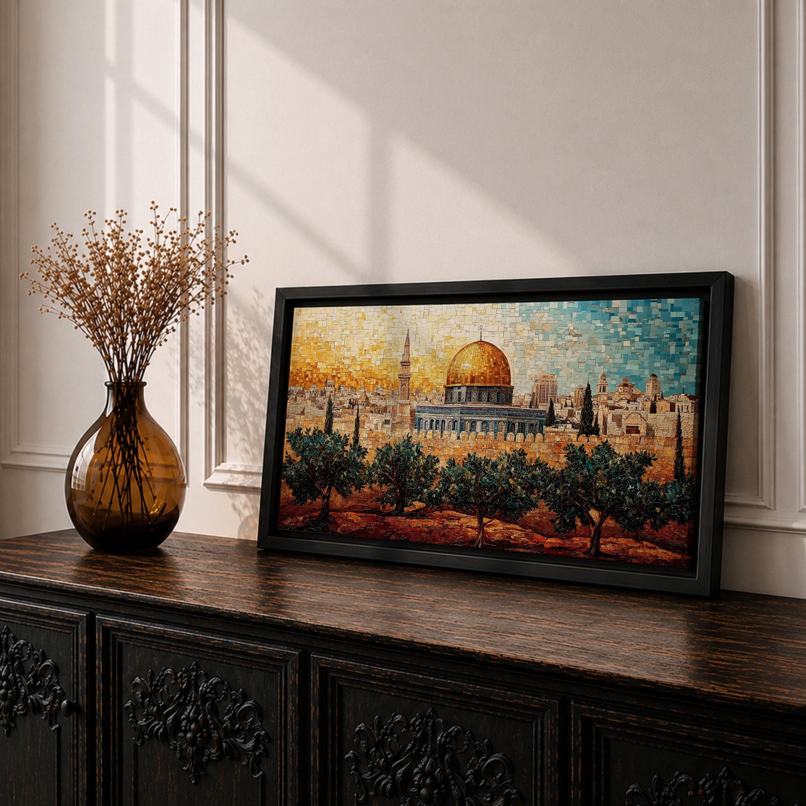 Panoramic mosaic style painting of Masjid Al Aqsa in Jerusalem with the golden dome rising above the historic skyline and olive trees in the foreground