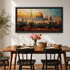 Panoramic mosaic style painting of Masjid Al Aqsa in Jerusalem with the golden dome rising above the historic skyline and olive trees in the foreground