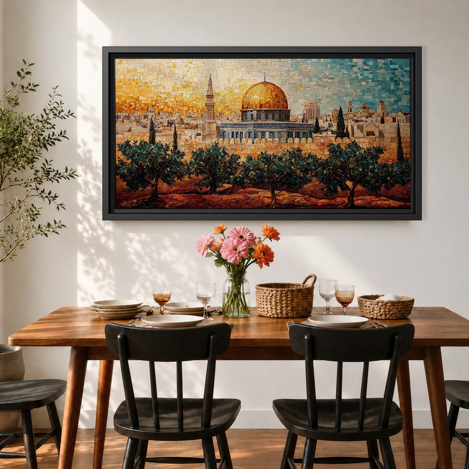 Panoramic mosaic style painting of Masjid Al Aqsa in Jerusalem with the golden dome rising above the historic skyline and olive trees in the foreground