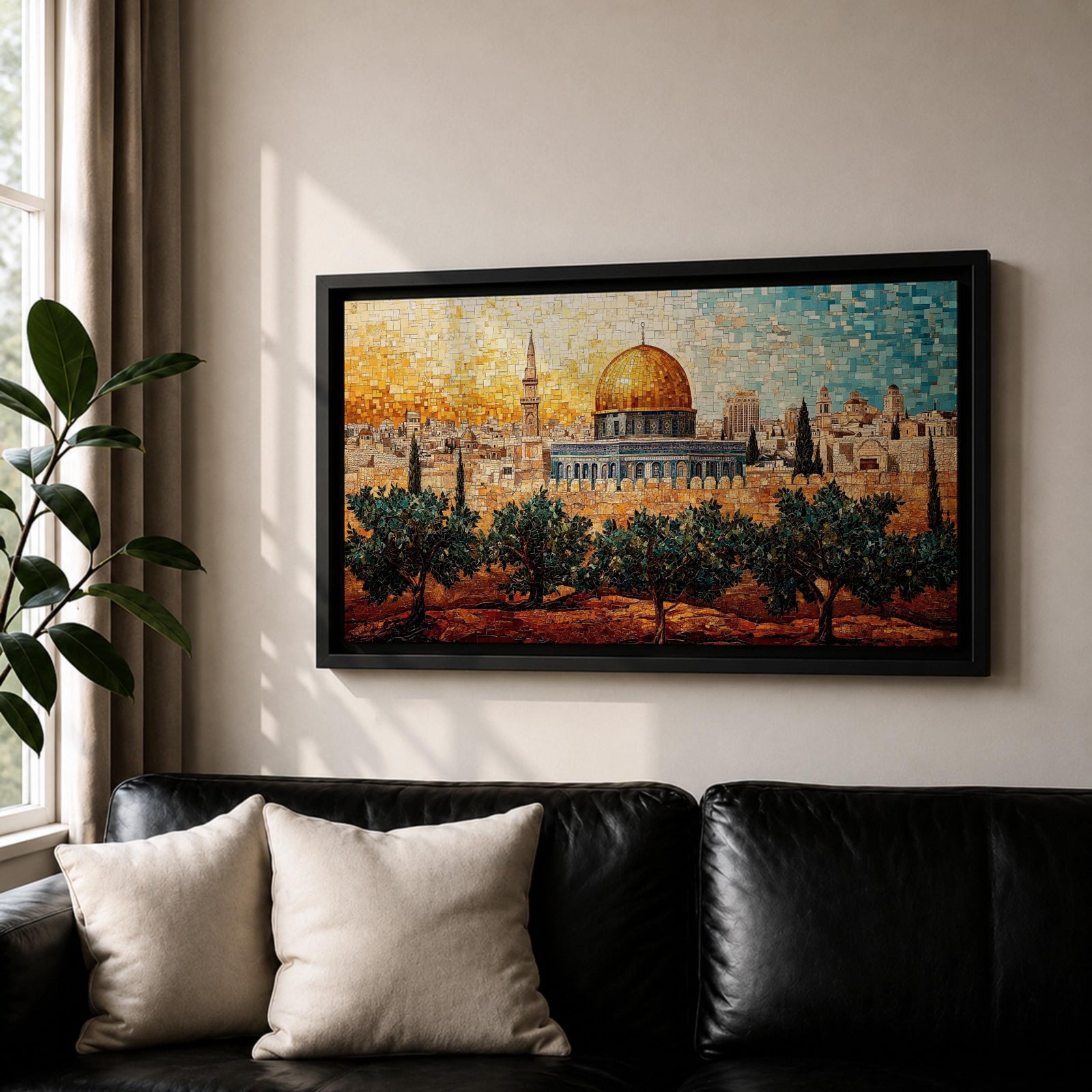 Panoramic mosaic style painting of Masjid Al Aqsa in Jerusalem with the golden dome rising above the historic skyline and olive trees in the foreground