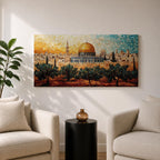 Panoramic mosaic style painting of Masjid Al Aqsa in Jerusalem with the golden dome rising above the historic skyline and olive trees in the foreground