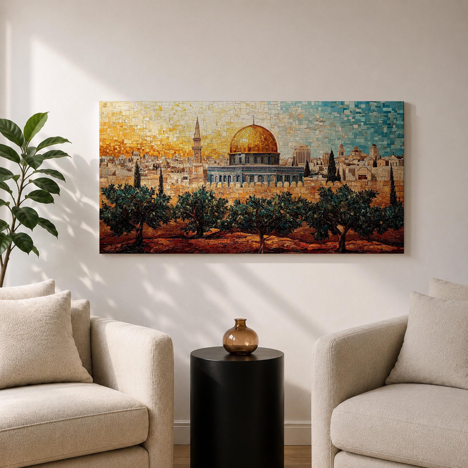 Panoramic mosaic style painting of Masjid Al Aqsa in Jerusalem with the golden dome rising above the historic skyline and olive trees in the foreground
