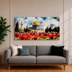 Panoramic painting of the Dome of the Rock in Jerusalem with its golden dome rising behind a vibrant field of red poppies under a dramatic cloudy sky