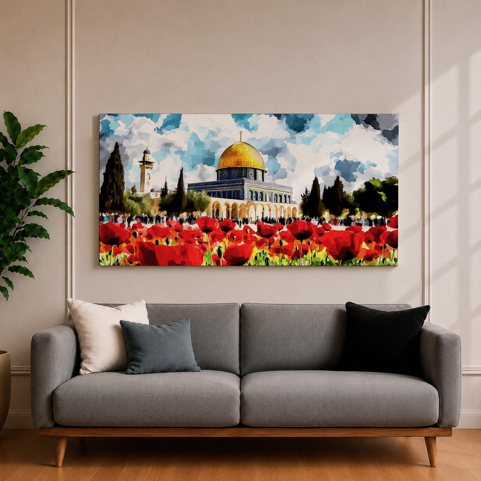 Panoramic painting of the Dome of the Rock in Jerusalem with its golden dome rising behind a vibrant field of red poppies under a dramatic cloudy sky