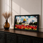 Panoramic painting of the Dome of the Rock in Jerusalem with its golden dome rising behind a vibrant field of red poppies under a dramatic cloudy sky