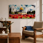 Panoramic painting of the Dome of the Rock in Jerusalem with its golden dome rising behind a vibrant field of red poppies under a dramatic cloudy sky