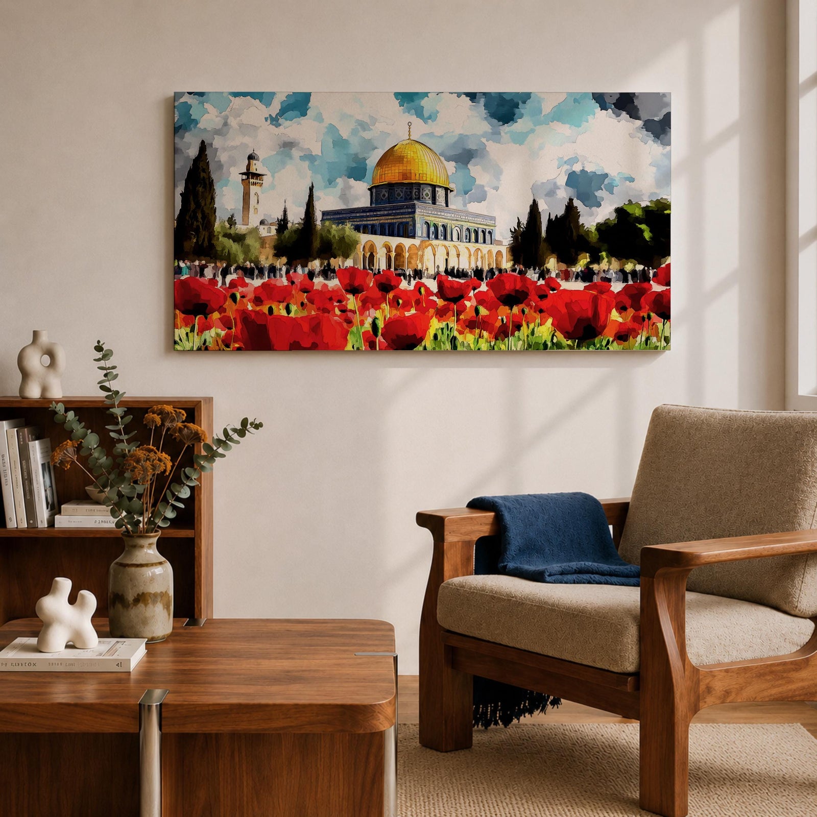 Panoramic painting of the Dome of the Rock in Jerusalem with its golden dome rising behind a vibrant field of red poppies under a dramatic cloudy sky