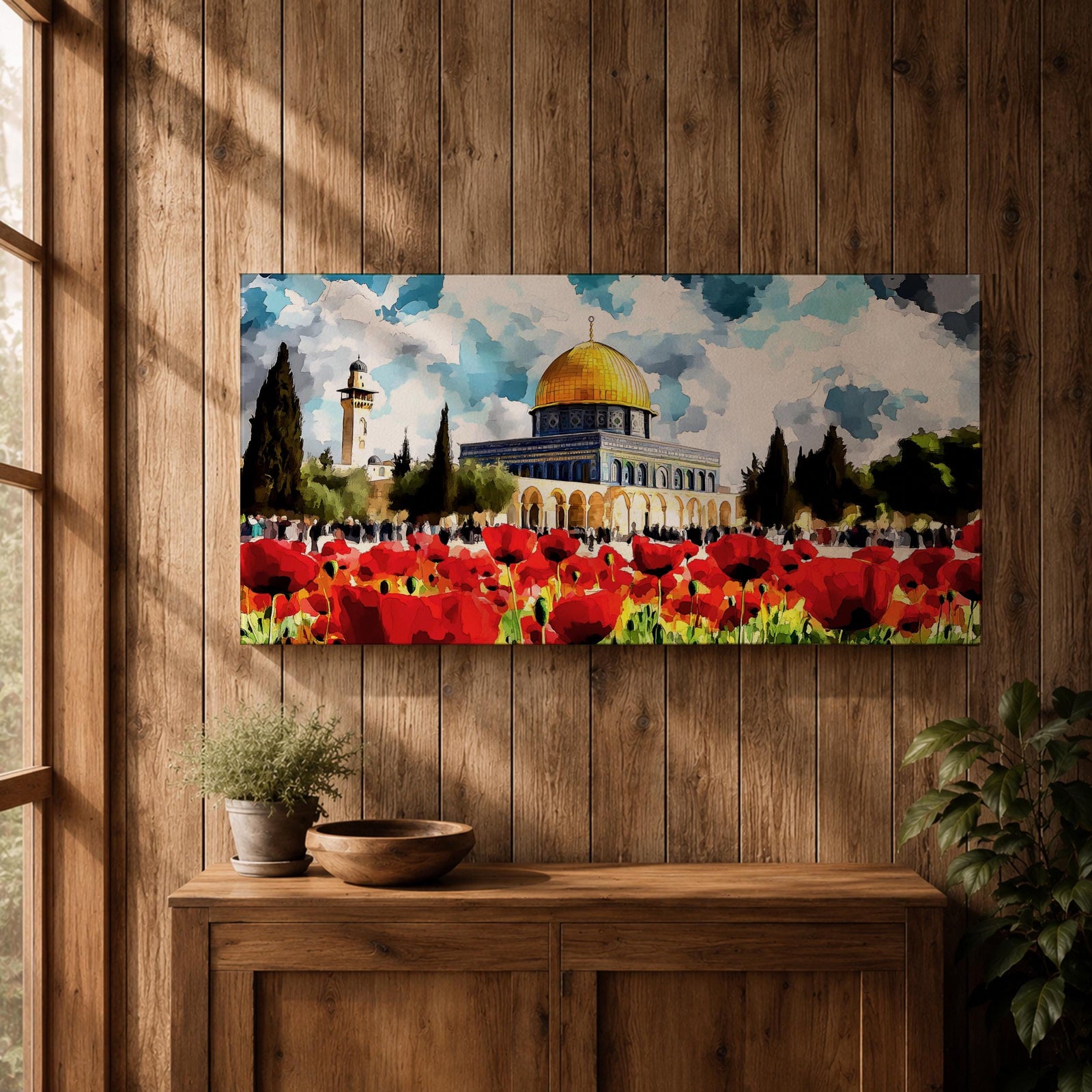 Panoramic painting of the Dome of the Rock in Jerusalem with its golden dome rising behind a vibrant field of red poppies under a dramatic cloudy sky