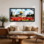 Panoramic painting of the Dome of the Rock in Jerusalem with its golden dome rising behind a vibrant field of red poppies under a dramatic cloudy sky