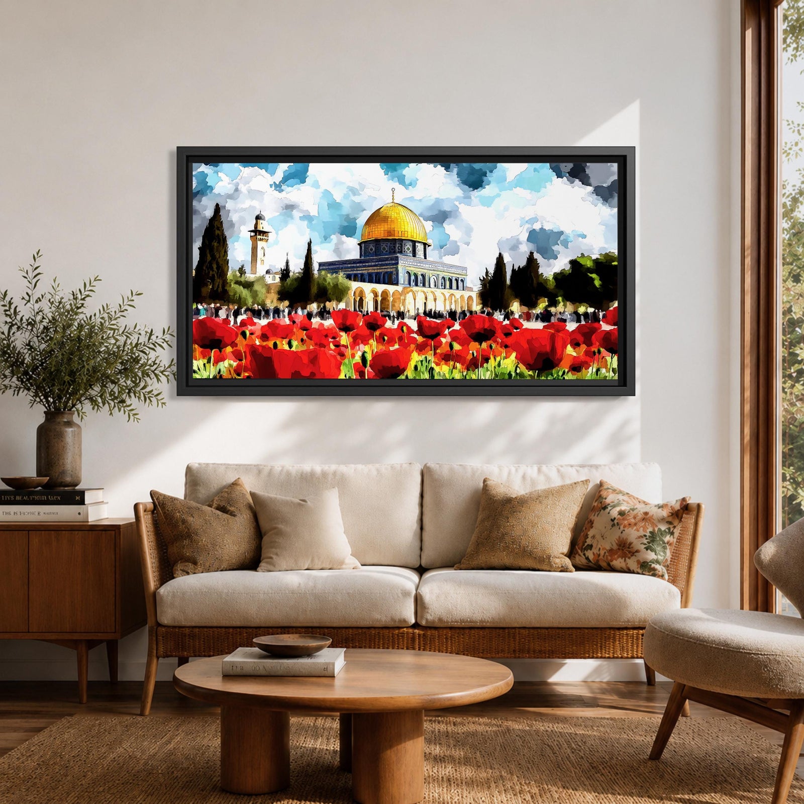 Panoramic painting of the Dome of the Rock in Jerusalem with its golden dome rising behind a vibrant field of red poppies under a dramatic cloudy sky