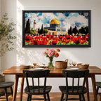 Panoramic painting of the Dome of the Rock in Jerusalem with its golden dome rising behind a vibrant field of red poppies under a dramatic cloudy sky