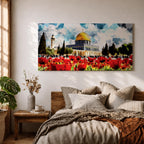 Panoramic painting of the Dome of the Rock in Jerusalem with its golden dome rising behind a vibrant field of red poppies under a dramatic cloudy sky